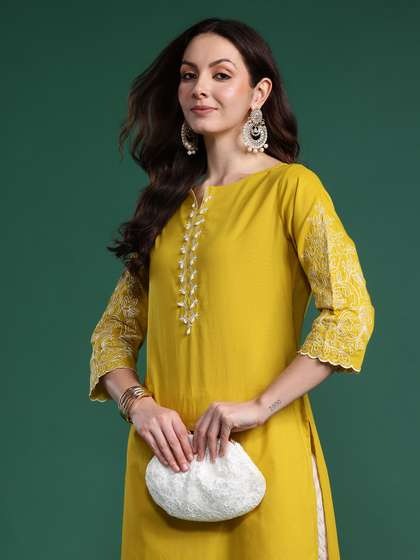 Indo-Era Green Embroidered Straight Cotton Kurta